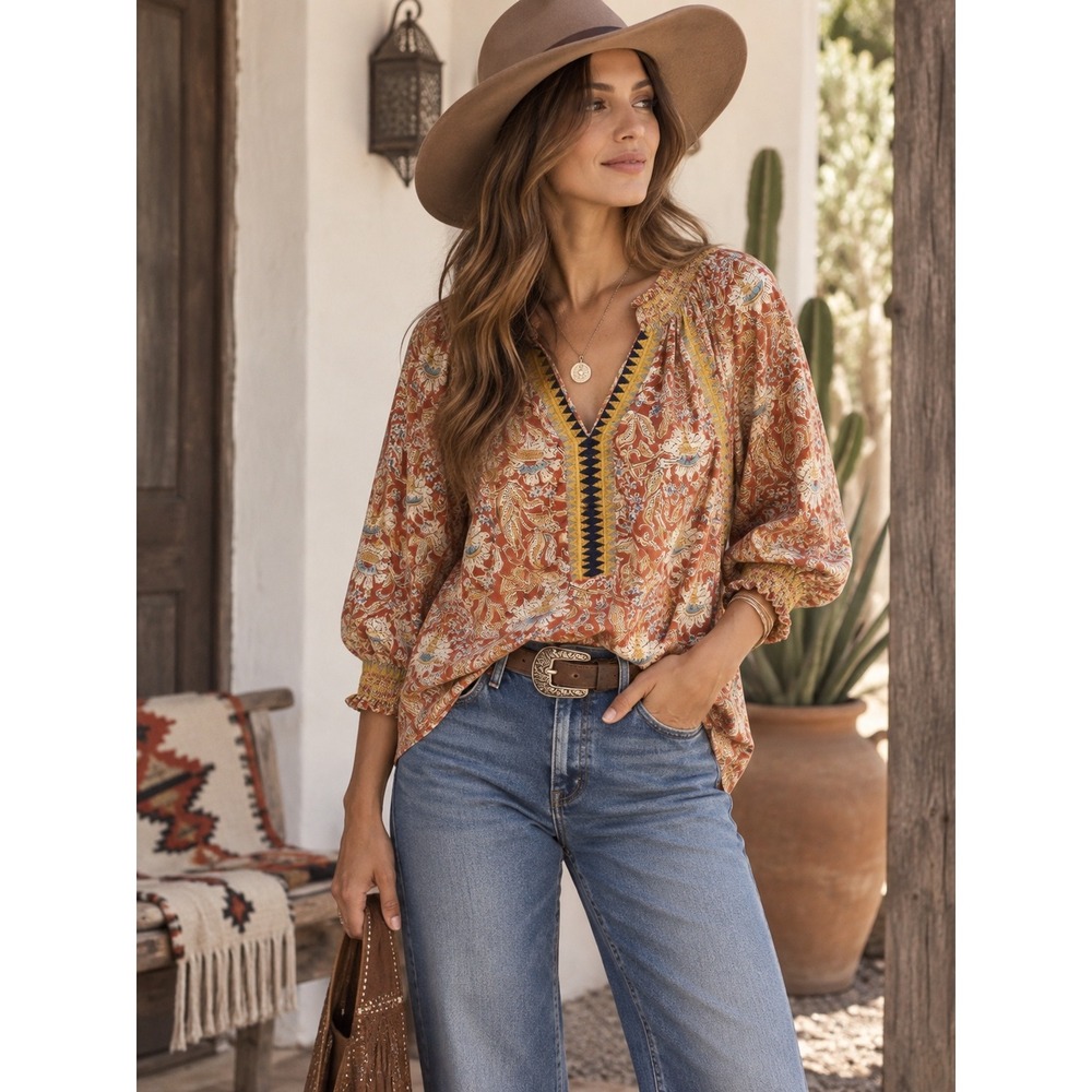 Ivy Jane Floral Embroidered Peasant Blouse Terracotta Orange Boho Cottagecore XS